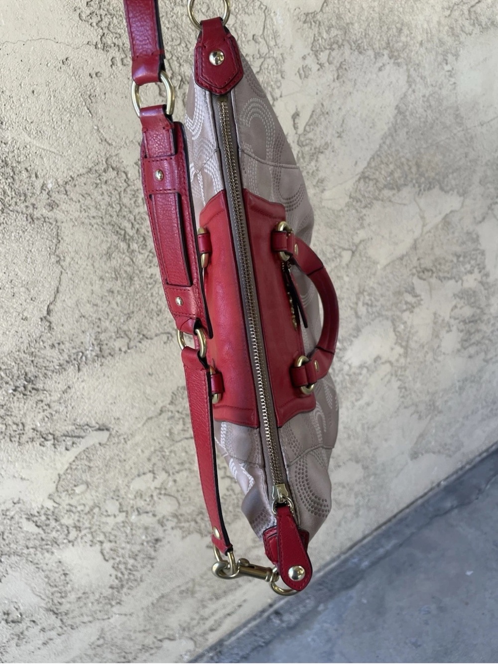 Coach Ashley Signature Khaki Red Op Art Dotted Satchel Crossbody, 2012, F20027 - Picture 5 of 16